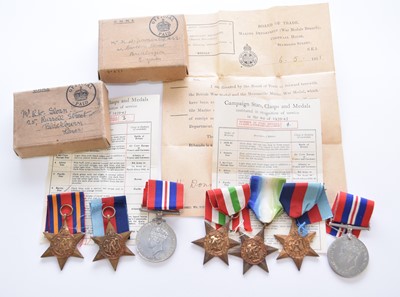 Lot 122 - WW2: A Royal Navy medal trio and Merchant Navy group of four