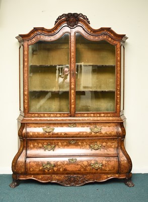 Lot 249 - A Dutch walnut, fruitwood and marquetry bombe display cabinet, 19th century