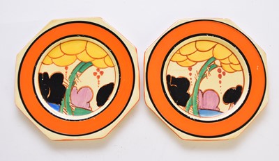 Lot 127 - A pair of small Clarice Cliff 'Summerhouse' octagonal plates, circa 1930s