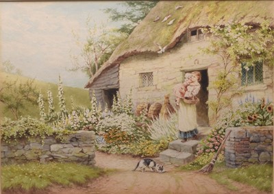 Lot 138 - Helen Allingham (1848-1926) Mother Carrying her Daughter down the Steps of a Thatched Cottage