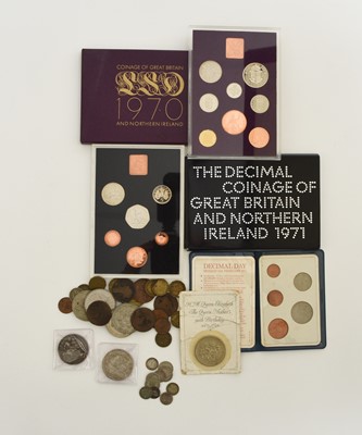 Lot 245 - A small assortment of UK Silver, Cupro-nickel and Bronze coinage comprising 1970 and 1971 coinage of GB, two silver crowns dated 1891 and 1935