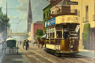 Lot 447 - Robert K Calvert (20th Century) Gloucester City Scene with tram and carts