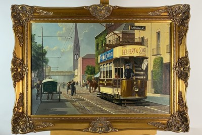 Lot 447 - Robert K Calvert (20th Century) Gloucester City Scene with tram and carts