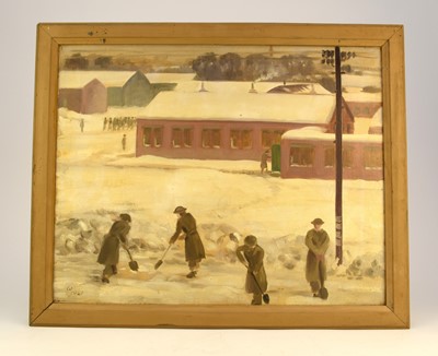 Lot 26 - English School (20th century) WW2 soldiers shoveling snow outside barracks