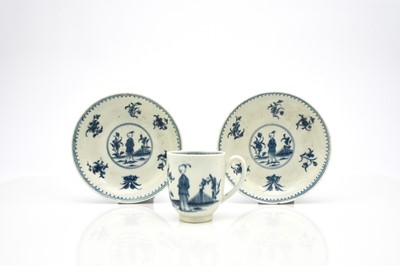 Lot 108 - Worcester 'Waiting Chinaman' coffee cup and two matching saucers, circa 1770