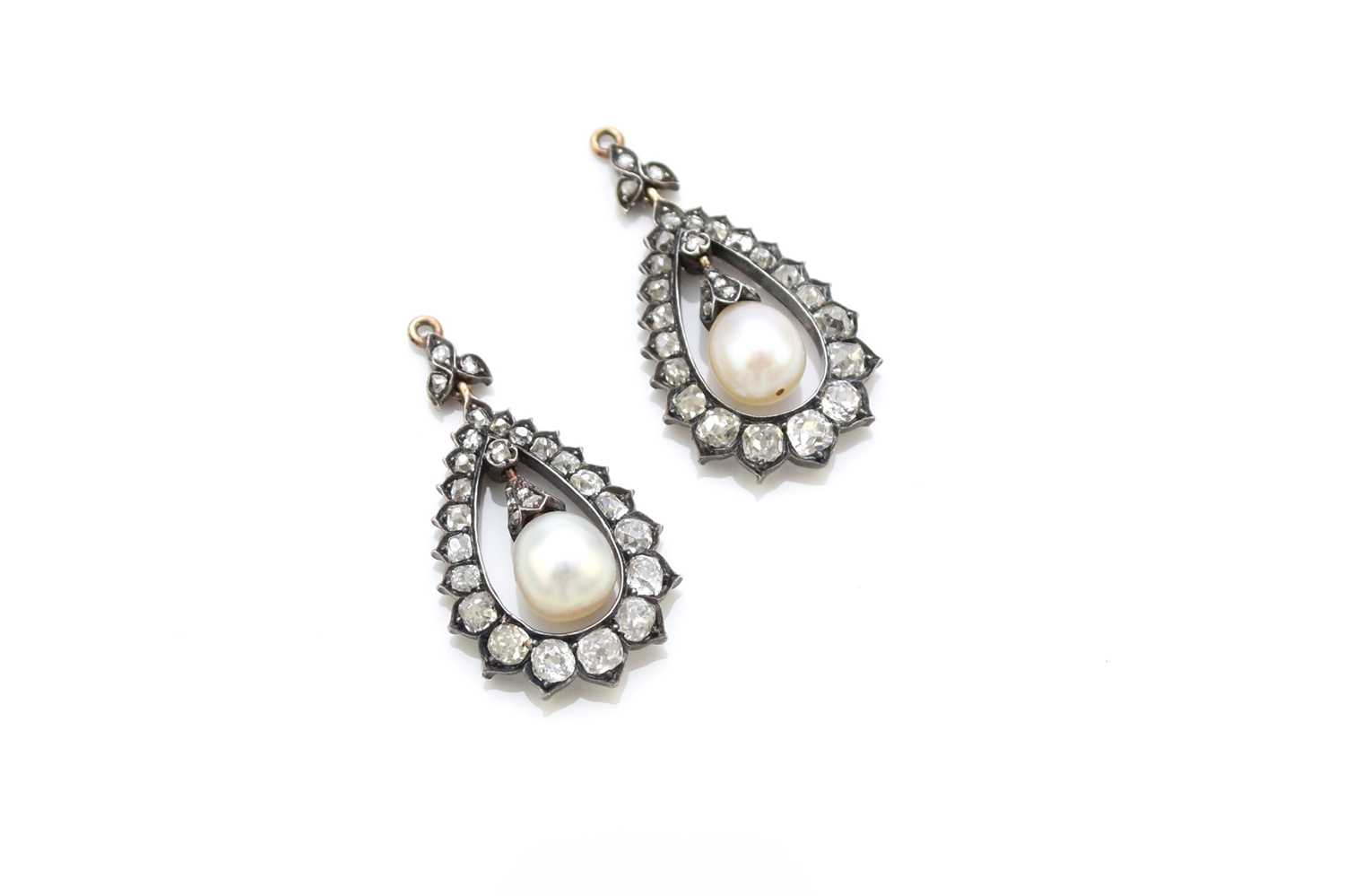 Lot 36 - A pair of late 19th century diamond and untested pearl ear pendants