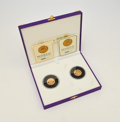 Lot 281 - Pobjoy Mint - two George III 22ct gold replica Sovereigns dated 1818 and 1819, limited edition 49/100 and 49/250