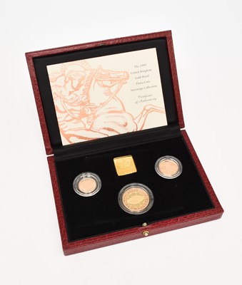 Lot 282 - Royal Mint - the 1999 UK Gold proof three coin Sovereign collection - Two pounds, Sovereign, half Sovereign