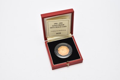 Lot 290 - Royal Mint 1992-1993 gold proof fifty pence coin within capsule, fitted case and with certificate of authenticity no 699