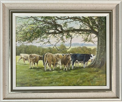 Lot 448 - Nora Kelly (Irish 20th Century) Cows grazing around a tree