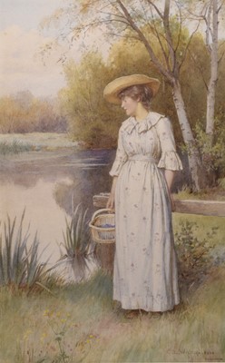 Lot 145 - Charles Edward Wilson (1854-1941) Lady out walking along the riverside