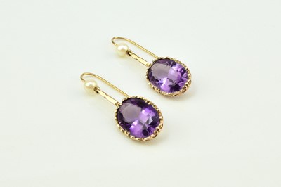 Lot 44 - A pair of 9ct gold amethyst and cultured pearl ear pendants