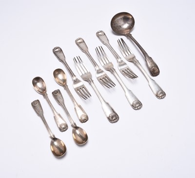 Lot 87 - A collection of George III Irish Fiddle and Shell pattern silver flatware