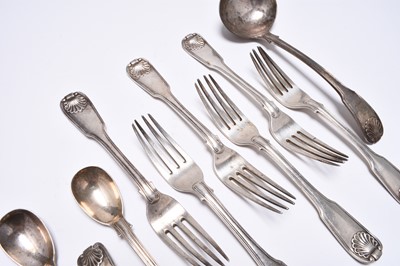 Lot 87 - A collection of George III Irish Fiddle and Shell pattern silver flatware