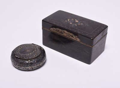 Lot 167 - A tortoiseshell and pique work box and a white metal pill box