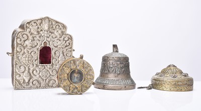 Lot 289 - A group of Tibetan prayer boxes and a prayer bell