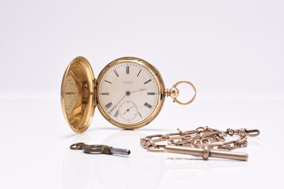 Lot 430 - Robert Roskells: An 18ct gold hunter pocket watch with base metal Albert chain