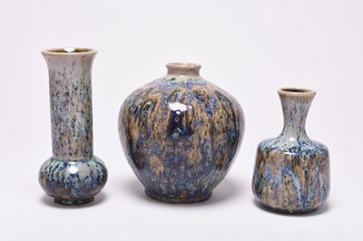 Lot 123 - Three Cobridge stoneware vases with mottled blue/brown glazes, dated 2001