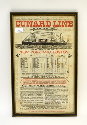 Lot 52 - CUNARD LINE POSTER, 1884, printed in red and black, advertising Royal Mail steamers to New York and Boston.