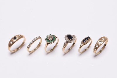 Lot 381 - A collection of six 9ct gold rings