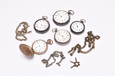 Lot 432 - A group of five pocket watches and three base metal watch chains