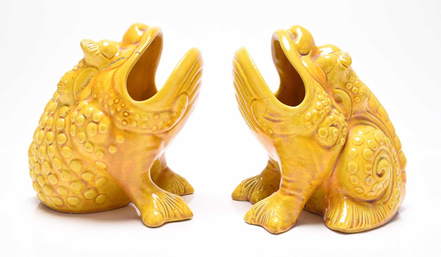 Lot 22 - Pair of Burmantofts faience toad spoon warmers, circa 1885-90
