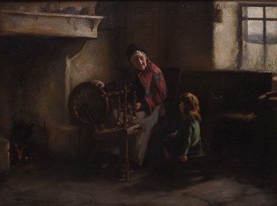 Lot 299 - Henry Raeburn Dobson (1901-1985) Spinning Wool before the Fireplace