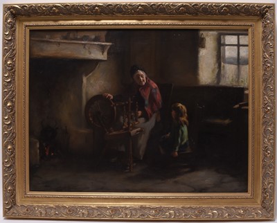 Lot 299 - Henry Raeburn Dobson (1901-1985) Spinning Wool before the Fireplace