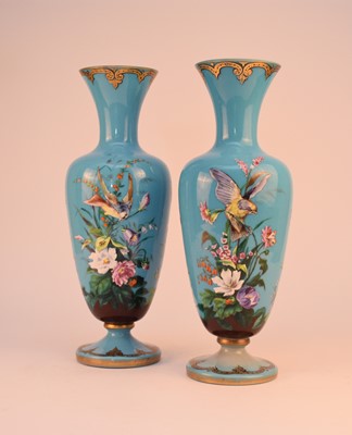 Lot 250 - A pair of Victorian French opaline glasses decorated with birds