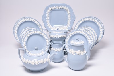 Lot 140 - Wedgwood 'Queen's Ware' blue and white embossed tea/coffee service