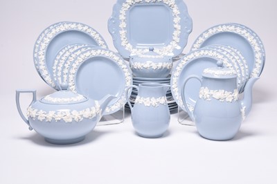 Lot 140 - Wedgwood 'Queen's Ware' blue and white embossed tea/coffee service