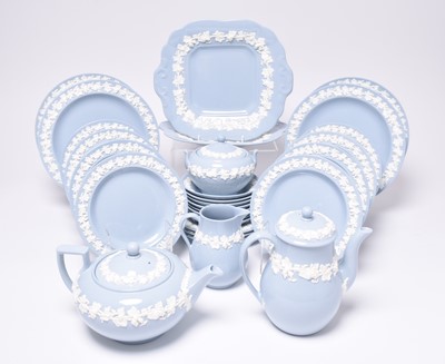 Lot 140 - Wedgwood 'Queen's Ware' blue and white embossed tea/coffee service