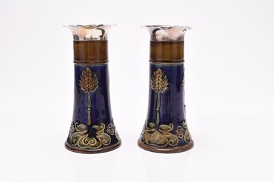 Lot 73 - A pair of Royal Doulton stoneware vases with silver-mounts, dated 1906