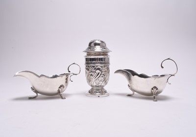 Lot 140 - A silver sugar caster and a pair of sauce boats