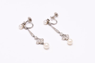 Lot 33 - A pair of cultured pearl and diamond ear pendants