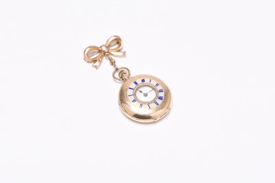 Lot 435 - A lady's 15ct gold enamelled half hunter fob watch with 9ct gold brooch bow