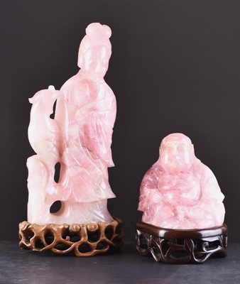 Lot 123 - A Chinese carved rose quartz figure of Buddha and a figure of Guanyin