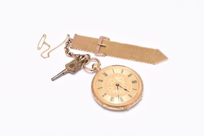 Lot 438 - A lady's 18ct gold open face pocket watch, with 9ct mesh fob