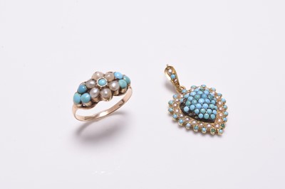 Lot 389 - A turquoise and seed pearl pendant and ring