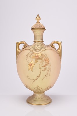 Lot 19 - Royal Worcester blush ivory twin-handled vase and cover, dated 1896