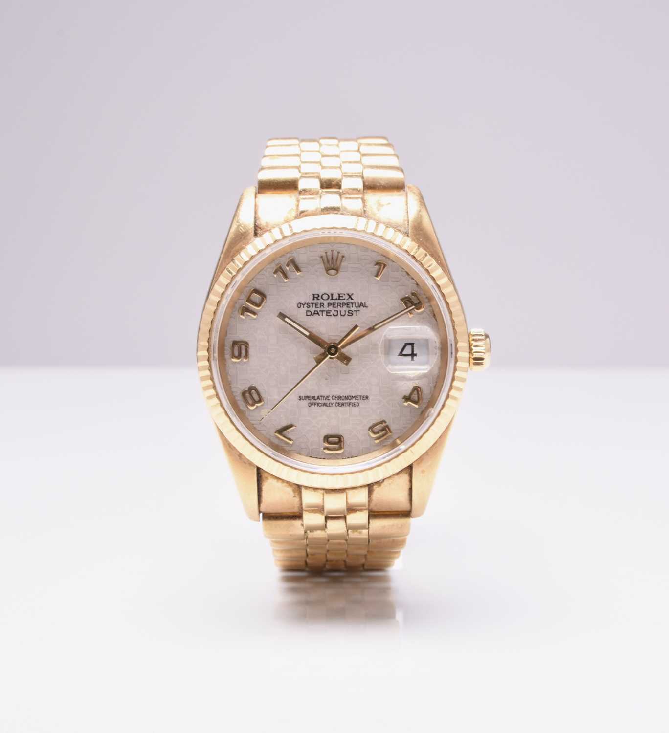 Lot 103 - Rolex: A gentleman's 18ct gold Oyster Perpetual Datejust bracelet watch