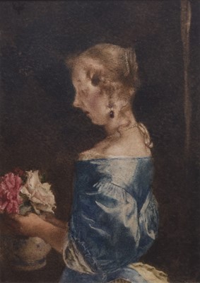 Lot 88 - William John Wainwright (1855-1931) Lady in a Blue Dress Arranging Flowers in a Vase