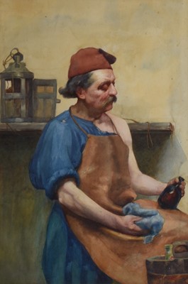 Lot 357 - William John Wainwright (1855-1931) Man in a Blue Apron Cleaning Glass Bottles