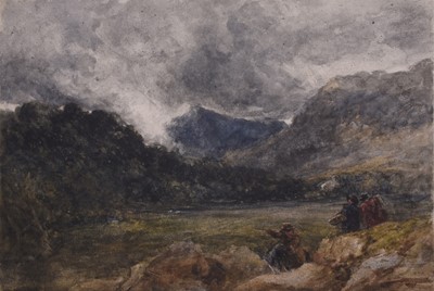 Lot 111 - David Cox (1783-1859) Travellers in a Welsh Valley