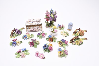 Lot 92 - Crown Staffordshire and Dresden models of flowers, Capodimonte-style box and decanter labels