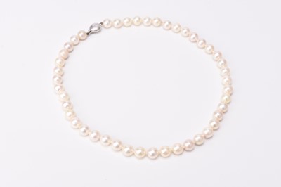 Lot 172 - A uniform cultured pearl necklace with 18ct white gold diamond set clasp