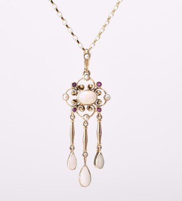 Lot 62 - An early 20th century opal, pearl and ruby pendant