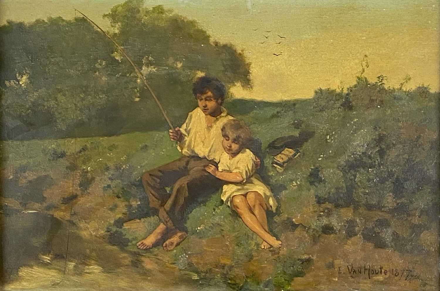 Lot 292 - E van Houte (19th Century) Two Boys Fishing at the Riverbank