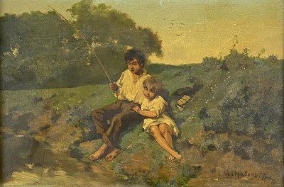 Lot 292 - E van Houte (19th Century) Two Boys Fishing at the Riverbank