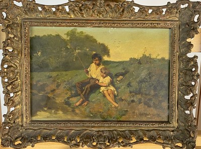 Lot 292 - E van Houte (19th Century) Two Boys Fishing at the Riverbank